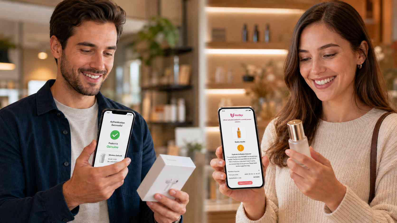 Customers verifying products as genuine with the Verifex app